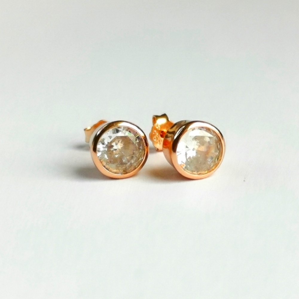14k Rose Gold Sterling Silver CZ Stud Earrings